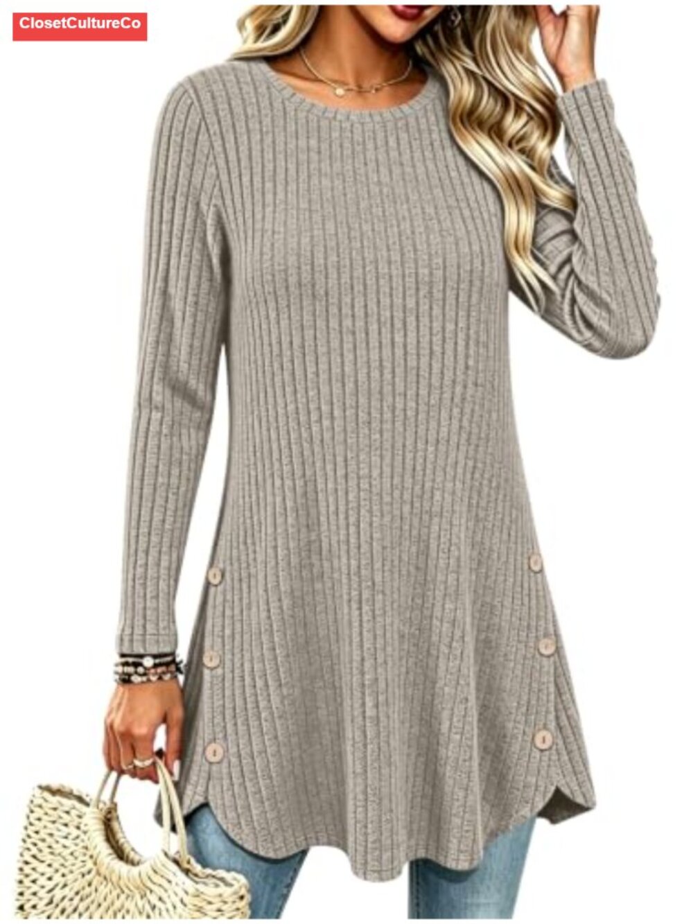 Ribbed Knit Long Sleeve Tunic Top Side Button Loose Fit Pullover Sweater